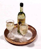 Dollhouse Miniature White Wine Bottle W/2 Filled Glasses On Tray